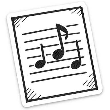 Sheet music icon, hand drawn, black outlines, no fill, simple and clean, angled view sticker