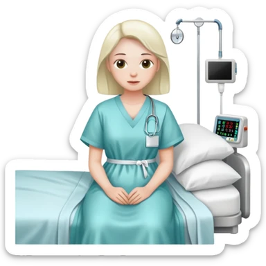 patient in a hospital gown sitting on a bed sticker