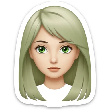 женщина с зелёными глазами, красивыми бровями, серо-бежевыми длинными волосами, подстриженных каскадом, с асимметричным пробором, прямой чёлкой sticker