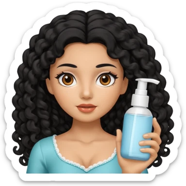 Uma boneca morena com olhos castanhos e cabelo cacheado longo preto, fazendo skin care sticker