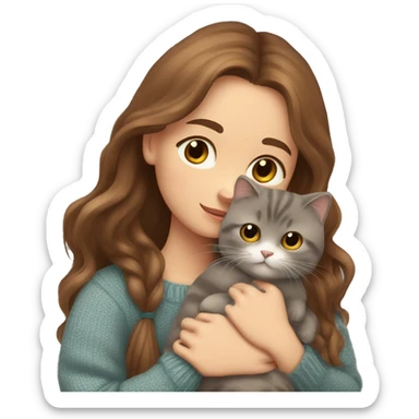 Girl with long brown hair in sweater hugging a scottish fold cat sticker