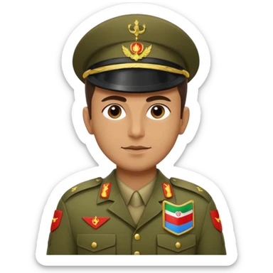 Portrait of an Iranian soldier with an Iranian flag chevron on his shoulder and chest sticker