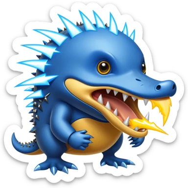a fantastical dangerous and spooky electric platypus merged with a hedgehog with sharp teeth, metal electric spikes, and strong fangs, electricity and lightning coming, menacing look, yellow and blue lightning bolts sticker