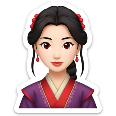 Cinematic Radiant Mulan Portrait Emoji, rendered in a realistic, vector-style with clean proportions. Show Mulan with a soft, confident smile, warm skin, and expressive eyes, her dark hair styled simply, and dressed in traditional clothing with understated red accents. The image radiates a gentle, luminous glow and high shine, accentuated by a soft glowing outline. sticker
