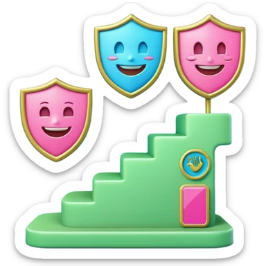 Minimalist 3D emoji-style podium with 2 steps on a green chroma key background. Step 1 (higher) features a handshake icon with blue neon glow. Step 2 (lower) features a smiling tooth with a shield icon and pink neon glow. Clean rendering, soft colors, uniform lighting sticker