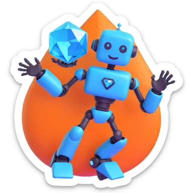 smiling robot and a large blue diamond in a dynamic pose sticker
