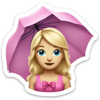 Blond haired lady with an pink umbrella and a Blue dress with a pink bow Tie around her middle sticker
