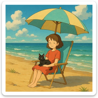 girl and her cat on the beach, sitting in a chair under the sun, ghibli style sticker