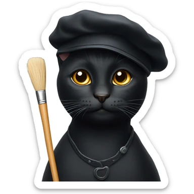 black cat wearing beret with a paintbrush ￼  sticker