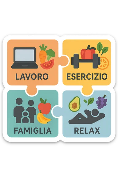 Puzzle (Lavoro, Esercizio, Famiglia, Relax), in lavoro metti icona di un PC, in Esercizio un Manubrio, in Famiglia una famiglia, in Relax qualcuno che riposa and healthy foods are integrated into each piece. in italiano sticker