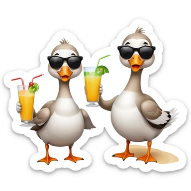 Two geese sunbathing on the beach wearing sunglasses drinking a tropical drink sticker