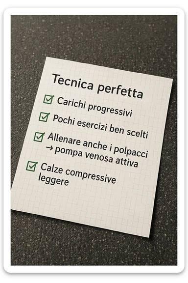 FOGLIO DI CARTA PER L'ALLENAMENTO IN PALESTRA CON LA SCRITTA "Tecnica perfetta
 ✅ Carichi progressivi
 ✅ Pochi esercizi ben scelti a seduta
 ✅ Allenare anche i polpacci → pompa venosa attiva
 ✅ Calze compressive leggere" , IPERREALISTICA 4K sticker