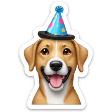 Tan mixed breed  dog with black muzzle wearing a birthday hat sticker