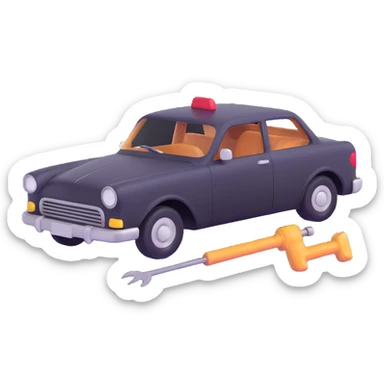 icon of a car with a visible dent from a crash and dent repair tools like a lever and small hammer sticker