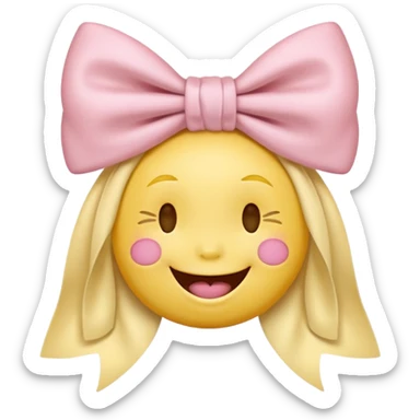 classic yellow laughing emoji with a very pretty pale pale pink bow no nose and closed eyes sticker