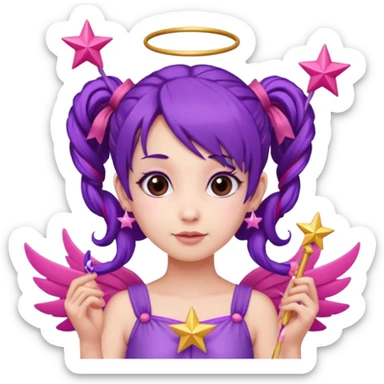 Create an emoji of a fairy-like woman with purple hair tied into two pigtails, red stars in her hair, wearing a pink outfit and pink wings. She is holding a pink star-shaped wand and wearing purple circular earrings. sticker