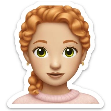 please make a ginger girl with freckles and green eyes with long eyelashes, wearing gold designer earrings and a ralph lauren jumper in baby pink  sticker