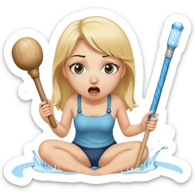 blond woman sitting on her knees with wide eyes, holding a wide skin-colored stick with a D-shaped knob, the stick and the nob have skin texture, water squirting from the knob into her mouth, shocked face, the knob is coming out of pants hanging next to her sticker