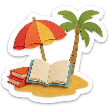 cozy beach reading nook with books, umbrella, and palm tree, layered paper effect, paper-craft style sticker