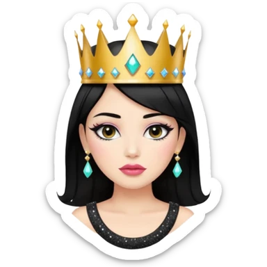 Chica con pelo negro y labios gruesos maquillada hermosa con una corona de brillos y un top negro moderno  sticker