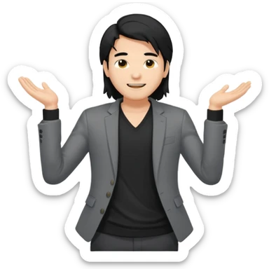 asian young man with long black hair falling on the forehead in grey blazer and black t-shirt smiling  sticker