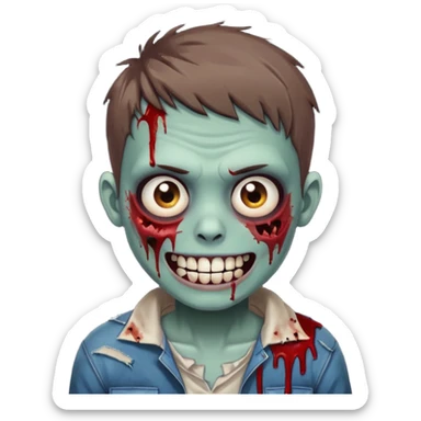 zombie boy with brown short hair, white skin, and white eyes; an open smile, and bloodied teeth; sticker