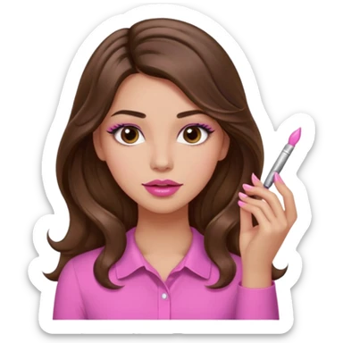 girl with long wavy brown hair, brown eyes, light to medium complexion, in a pink shirt, pink lips, long lashes, puckered lips,  painting long nails sticker