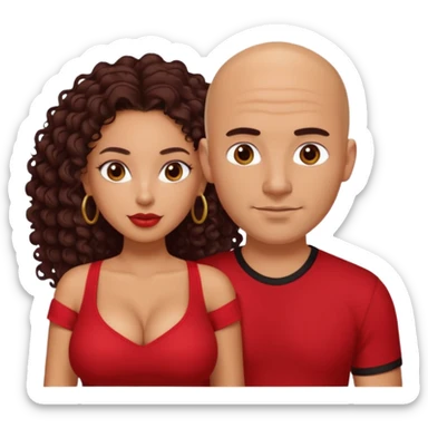 A picture of a sexy tanned couple. the guy is Mexican, with a bald hair cut and a red shirt. the girl is mixed, she has curly longer dark brown hair, and with big boobs and wearing black shirt  sticker
