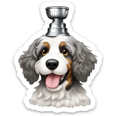 Phantom Merle bernedoodle with a Stanley cup  sticker