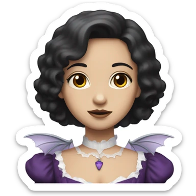 short black haired white girl with a purple short victorian dress that has bat wings sticker