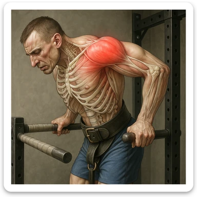 Hyperrealistic 4K anatomical illustration of a man performing a dip on parallel bars in a lateral position as in the reference image. Expression of discomfort, shoulder area with signs of inflammation and swelling. Muscles and bones highlighted, gym atmosphere. Variant 6. sticker