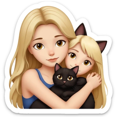 pretty girl with brown long hair hugging a black cat and a blonde cat sticker