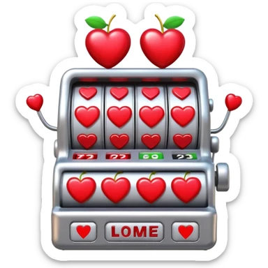 A 3D cartoon slot machine showing hearts and cherries, shiny metallic finish, Memoji-style realism. sticker