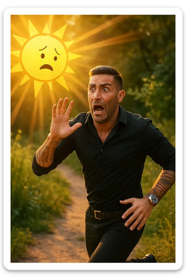Uomo che corre via dal sole spaventato perchè pensa sia nocivo realistica sticker