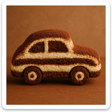 side view of a small car made from tiramisu, with visible layers of coffee-soaked cake and mascarpone, dusted cocoa on top, whimsical and appetizing sticker