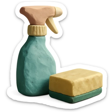 spray bottle and sponge in claymation style, pastel colors, visible fingerprints sticker