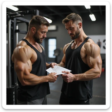 hyperrealistic 4K scene of bodybuilding coach showing a workout plan to a client, both in sportswear, gym environment, motivational atmosphere, detailed and realistic sticker
