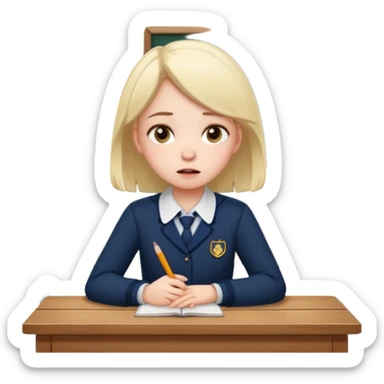 an anxious girl in school uniform sitting in front of a table  sticker