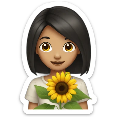 black hair brown eyed girl holding sunflower sticker