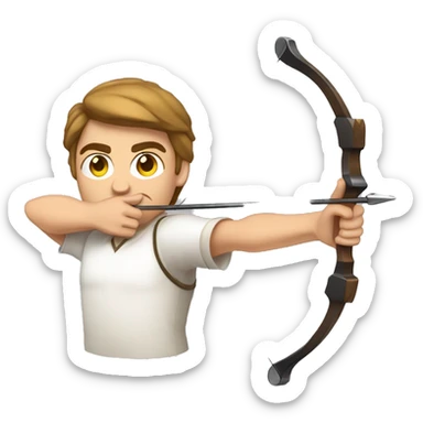 a male archer aiming with a bow looking and  aiming at his target, wearing a white shirt, very show brown hair, bright skin sticker