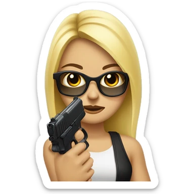 chica rubia con gafas y una pistola negra en la mano sticker