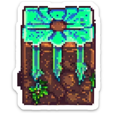 Minecraft dirt block, pixel art style, 3D isometric, brown and green, classic look sticker