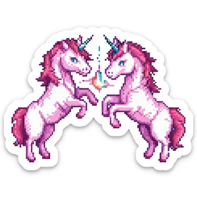 two pink unicorns fighting, pixel art style, retro, colorful sticker