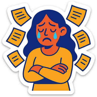 sad woman with flying papers around her, vibrant colors sticker