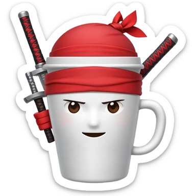A disposable coffee cup character with a face, wearing a red ninja headband tied around the top and gripping a katana sword sticker