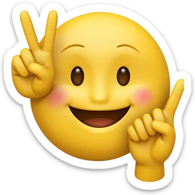 Create a 3d emoji of smiley with fingers showing peace sign. Background is white sticker