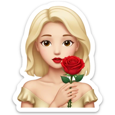 Cinematic Elegant Aurora Portrait Emoji, Delicately holding a single red rose, gazing with soft wonder, lips gently parted as if about to sing, the picture of grace and elegance, glowing with royal charm! sticker