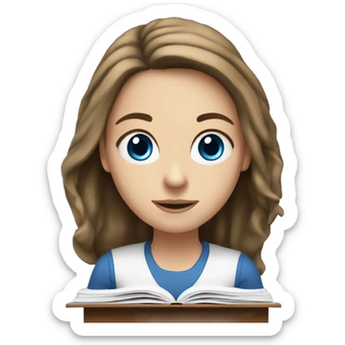 white girl studying at desk, brown hair, blue eyes, computer sticker