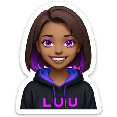 brown haired girl with a bob and blue eyes wearing black hoody with violet letters "Lu", laughs. Cyberpunk style. Violet neon. sticker