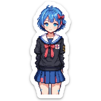 Pixel art anime girl with short bright blue hair wearing Japanese sailor style school uniform, standing with hand on hip but shyly glancing down with a small blush, small timid wave, very shy sticker